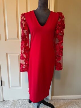 Express Red V-Neck Midi Dress with Lace Sheer Sleeves